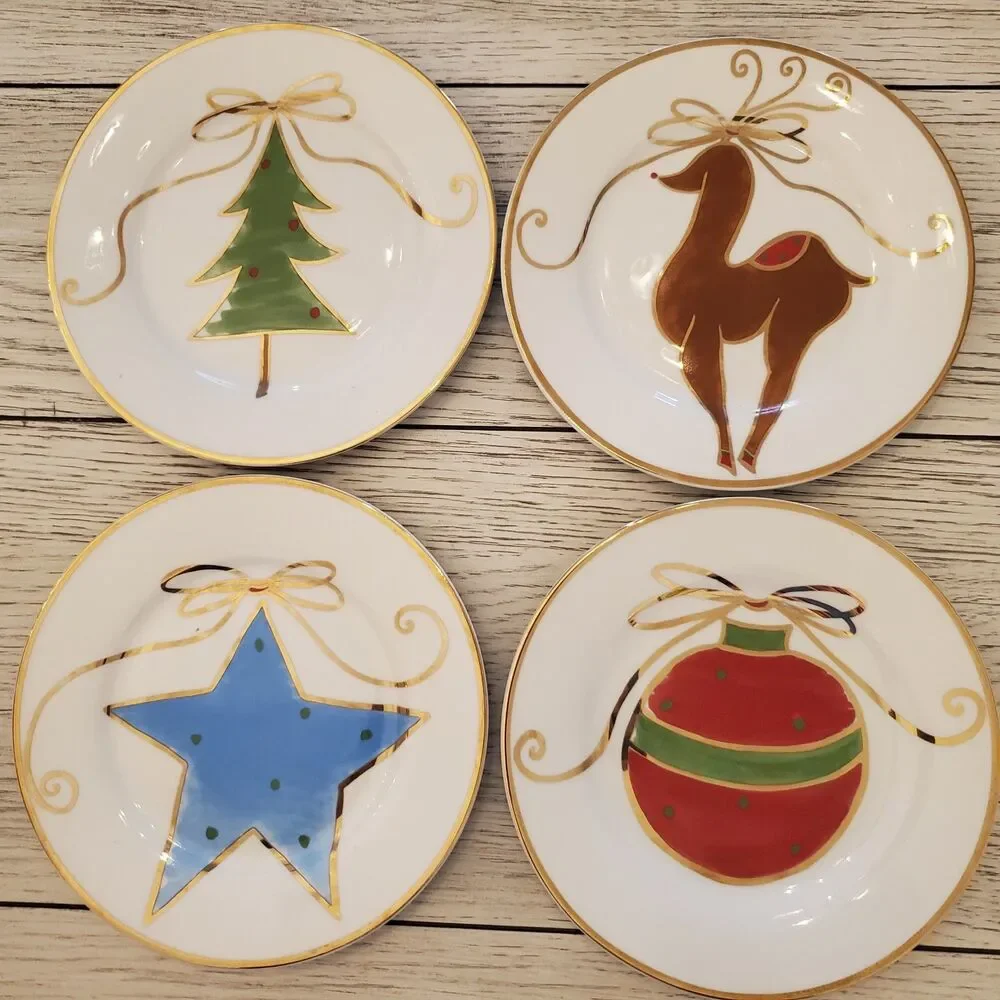 Pier 1 Christmas Gold Rim Dessert/Appetizer Plates Star Tree Ornament Reindeer 4